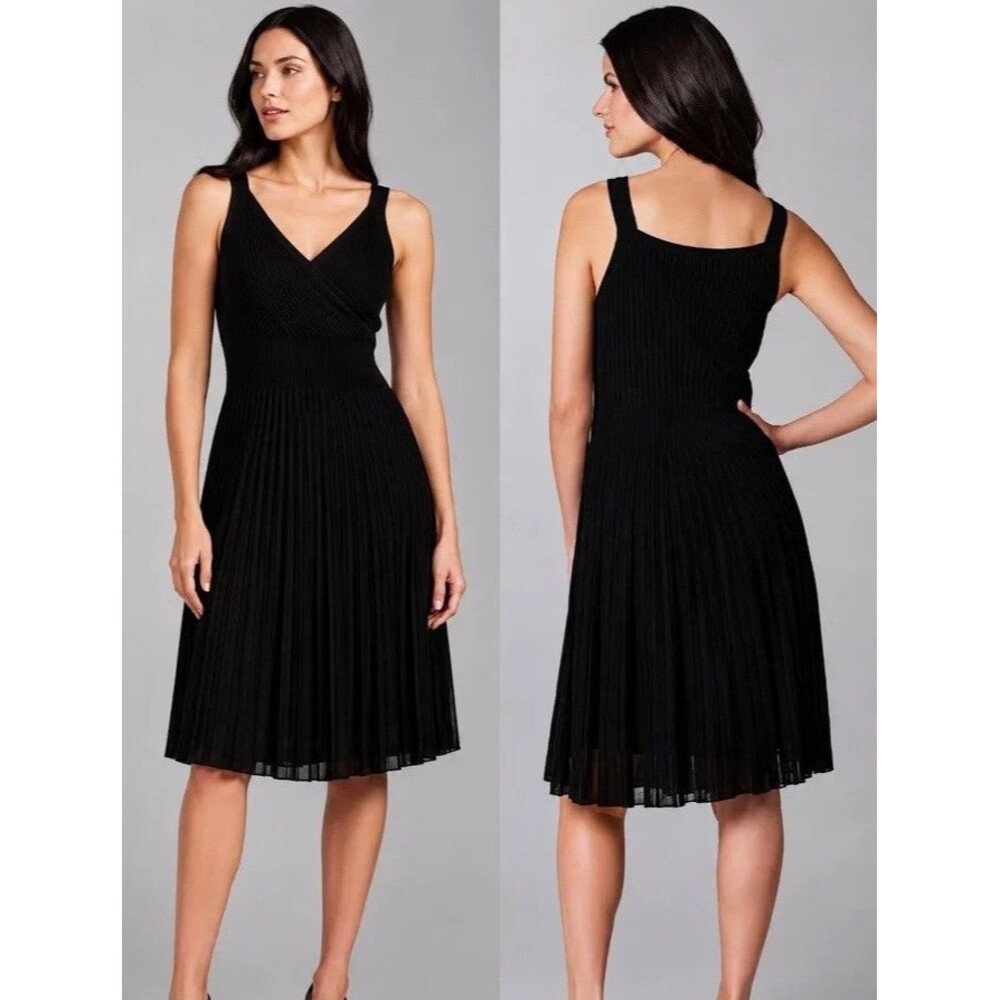 Eileen Fisher Refined Viscose Pleat Knit Surplice Tank Dress Black Size Large